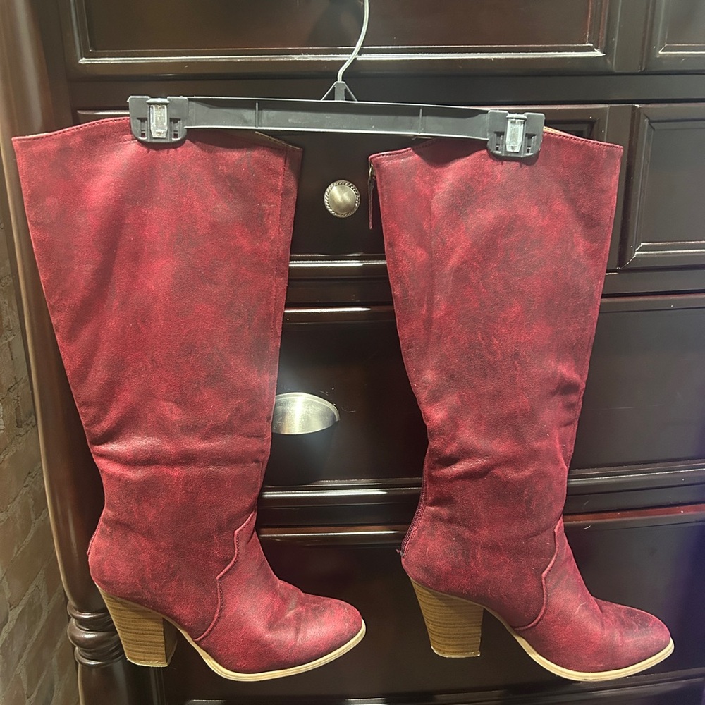 Women's Tall Red Block Heel Boots